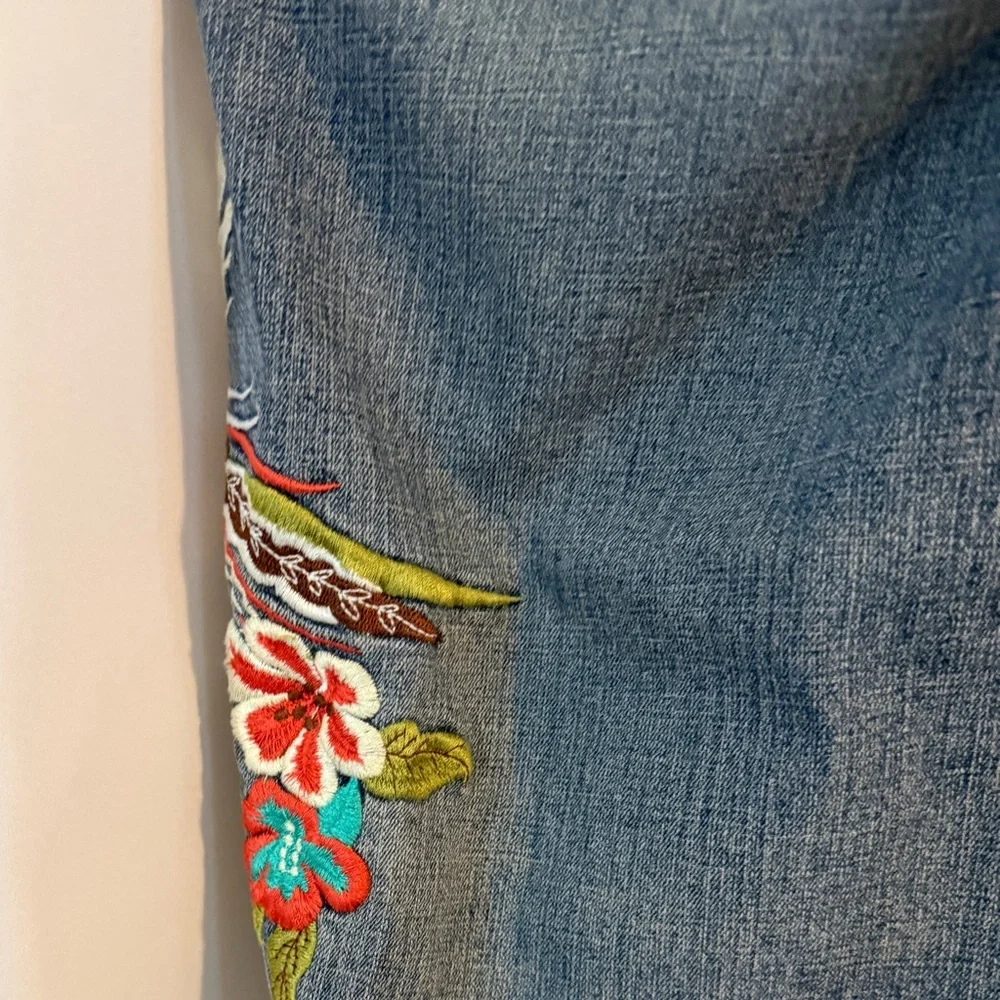 Y2K Embroidered Phoenix Low Rise Jeans 14 | Floral Bird Denim | Raw Hem | - Picture 6 of 16